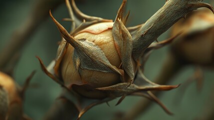 Fototapeta premium Rose thorns in focus, capturing the concept of love challenges and sacrifices in a delicate yet powerful image.