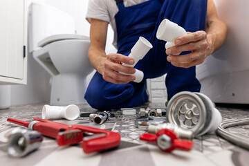 plumber working in bathroom. installing drain pipes. plumbing services