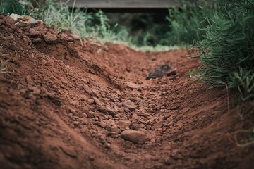 A photo of dark soil with small rocks and pebbles