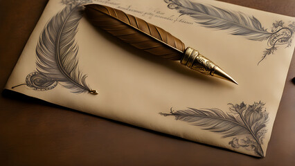 Vintage quill pen on parchment with feather illustrations
