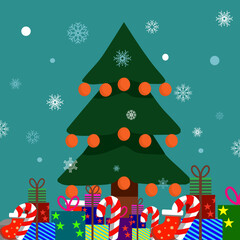 A Christmas tree with many ornaments and presents underneath it. The tree is surrounded by a blue sky and snowflakes