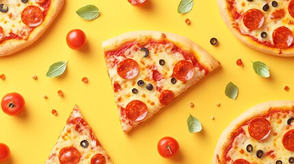 A playful cartoon style pattern featuring pizza slices