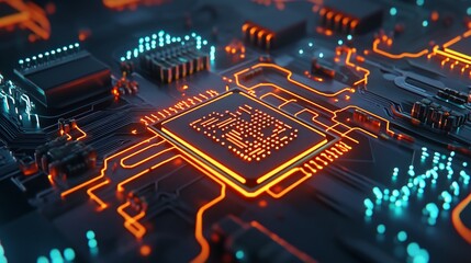 Abstract Technology Circuit Board with Orange Glowing Lines