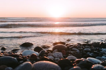 A photo of a serene beach scene during sunset
