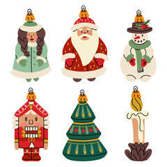 A set of Soviet Christmas tree toys. Glass toys. Snowman, Santa Claus, snow maiden, nutcracker, Christmas tree, candle, illustration in vintage colors. Festive decorations for the Christmas tree
