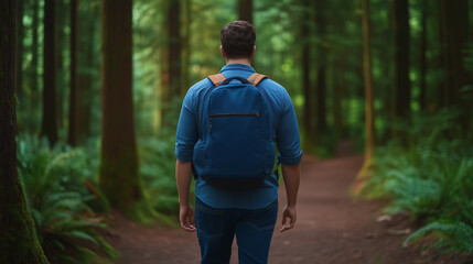 Obraz premium man walking through lush green forest with blue backpack, surrounded by tall trees and ferns, enjoying natures tranquility.