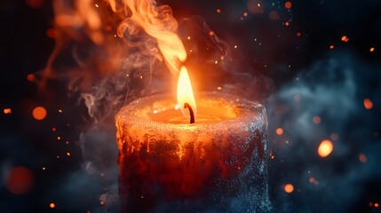 Fototapeta premium Burning candle macro photography capturing warm glowing flame, melting wax, wispy smoke trails, soft orange candlelight against bokeh background, dark moody atmosphere.