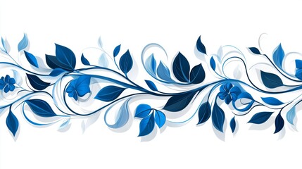 Blue Floral Design  White Background  Elegant Swirls  Nature  Leaves  Flowers
