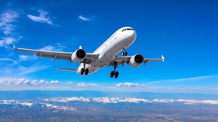 Fototapeta premium Airplane Landing Over Snowy Mountains Aviation Transportation Photo