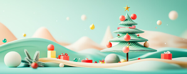 Tiny Christmas tree with mini ornaments, festive decor, 3D illustration