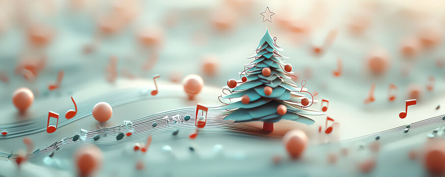 Mini Christmas tree with tiny musical notes, holiday melody, 3D illustration