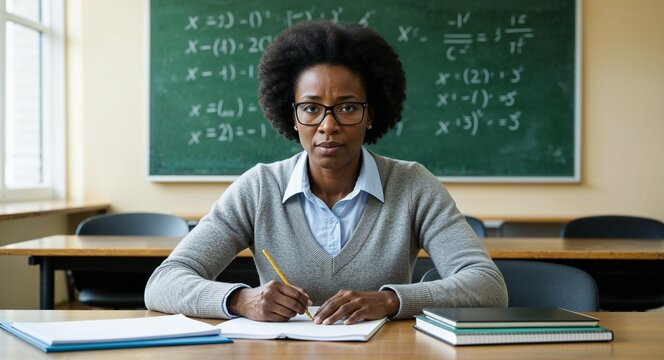 African mathematician solving equations deep focus sweater and glasses university office with chalkboard equations mid forties female