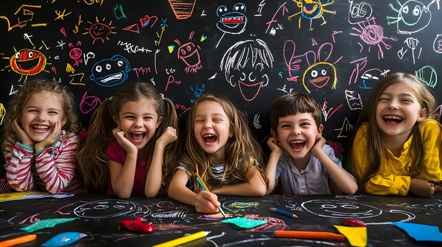 Joyful Children Laughing and Drawing Funny Faces on a Blackboard