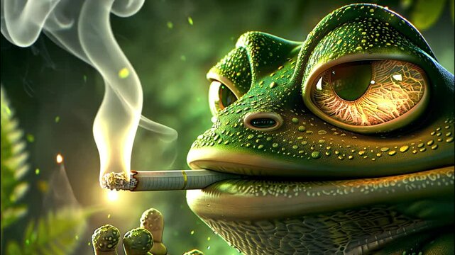 A frog with lifelike details smokes a cigarette in a humorous, surreal scene