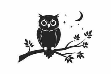 Owl Silhouette Vector on Tree Branch at Night