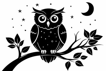 Owl Silhouette Vector on Tree Branch at Night