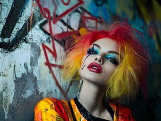 Avant Garde Fashion Portrait of Colorful Haired Woman Against Graffiti Urban Wall