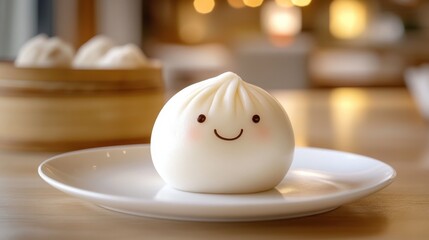 Cute Dumpling with a Smile on a White Plate