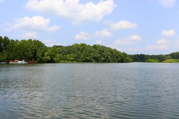 The quiet lake in the country on a sunny day.