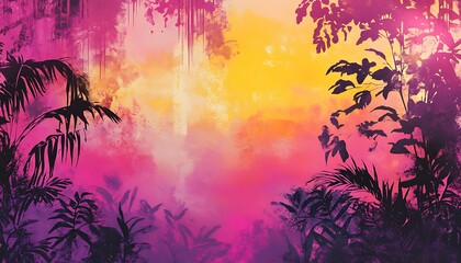 Silhouetted Tropical Leaves Against a Watercolor Sunset Sky