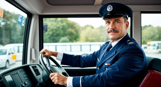 Caucasian bus driver at wheel confident expression formal bus driver uniform bus interior background mid forties male