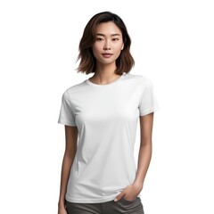 Fototapeta premium Young woman standing with hands in pockets, wearing blank white tshirt with copy space, isolated on white background