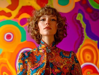 Retro 1970s Portrait of Woman in Vibrant Patterned Clothing Against Psychedelic Backdrop