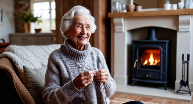 Caucasian elderly woman knitting sweater relaxed smile cozy home setting with fireplace early seventies female - Powered by Adobe