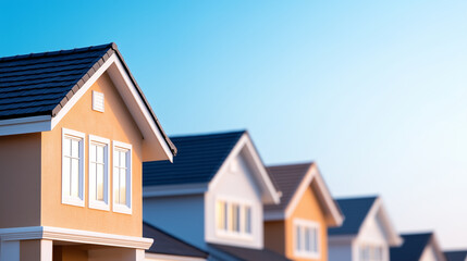 Modern houses with colorful facades and distinct architectural styles stand in row against clear blue sky, showcasing contemporary residential design.
