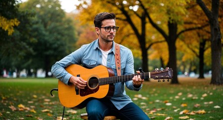 Caucasian musician playing guitar focused expression casual attire park background with autumn trees early thirties male