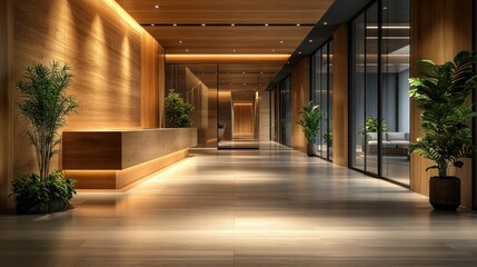 Obraz premium Modern hotel lobby interior with wooden walls, plants, and a reception desk.
