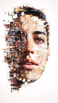 Abstract portrait of a person's face made of colorful pixelated blocks