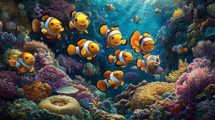 Colorful Clownfish Swimming in Vibrant Coral Reef