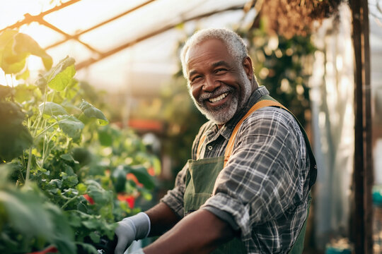 Smiling black senior man with beard in apron in greenhouse. Happy african american male farmer on the organic vegetable local farm at countryside. Natural and eco food concept