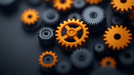 collection of gears in various sizes and colors, featuring prominent orange gears among gray ones, symbolizing mechanics and engineering.