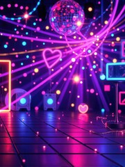 Vibrant retro-inspired disco dance floor with neon lights, colorful patterns, and disco balls