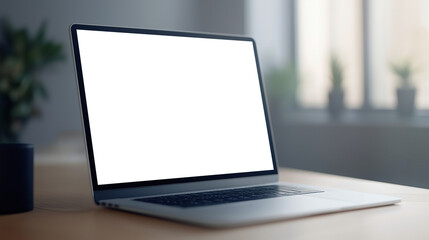 Fototapeta premium modern laptop sits on wooden desk, featuring blank screen that invites creativity and productivity. soft natural light from window enhances serene workspace atmosphere.