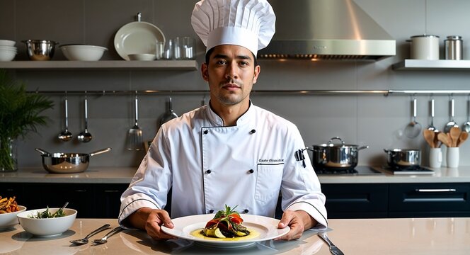 Latin chef plating gourmet dish serious look white chef coat upscale kitchen background with cookware mid thirties male