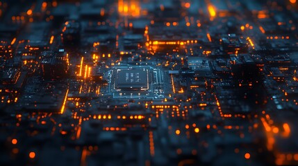 Obraz premium Glowing computer microchip with futuristic circuits, deep blue background, neon orange pin lights, semiconductor close-up, dramatic side lighting, high-tech macro shot.