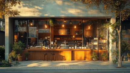 Fototapeta premium Contemporary Coffee Shop with Minimalist Design and Cozy Atmosphere