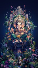 Obraz premium Ganesha sitting on the throne, with his mouse by his side, colorful floral background, detailed illustration, full-body portrait, detailed face and eyes, smiling, smiling mouth, 