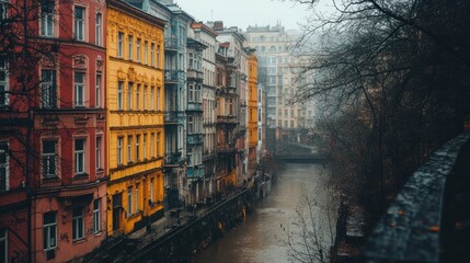 Fototapeta premium Colorful buildings line a narrow canal in a misty European city.