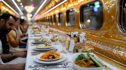 Luxury Train Dining Experience with Gold Decor and Delicious Food