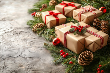 Rustic Christmas gift arrangement with brown paper-wrapped presents, red ribbons, pine cones, evergreen branches, and red ornaments on a textured surface. Concept of holiday tradition and gifting