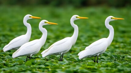 Obraz premium White Egret Birds in Green Water Plants Wetland Wildlife