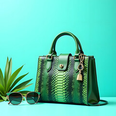Elegant green snake print handbag with sunglasses and tropical leaf