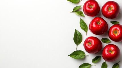 Red Apples and Green Leaves on White Background   Fresh Fruit Food Photography