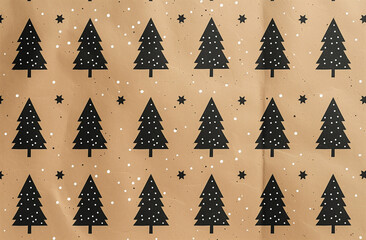 Brown kraft paper with a black Christmas tree pattern, a background for wrapping paper or packaging, a seamless pattern