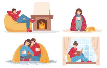 Obraz premium Happy people at home in winter cold weather. Snowy winter cozy season indoor activity. Male and female Characters. Vector illustration isolated on white background.
