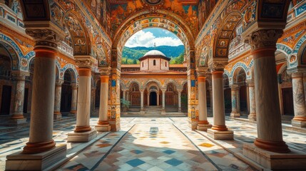 Obraz premium Colorful courtyard of the Monastery of Horezu in Romania.